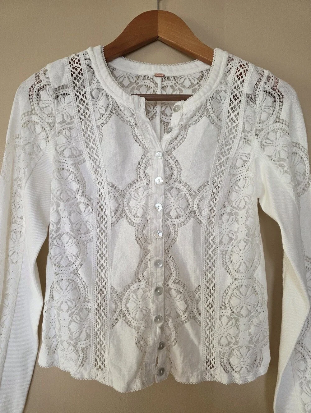 Free People Jae Top S Lace Mesh Button Front Romantic Boho Feminine Balletcore